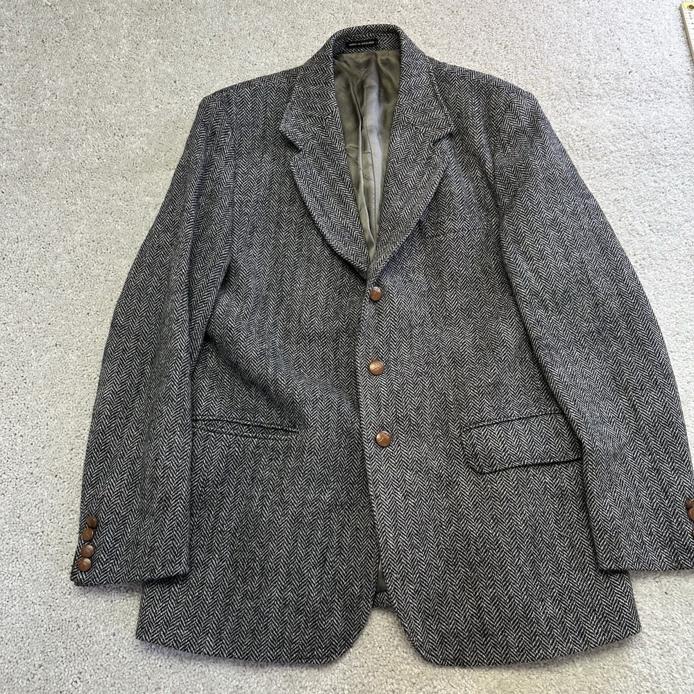 VTG Harris Tweed Orvis Blazer Mens 42L Gray Herringbone Pure New Wool Handwoven‎